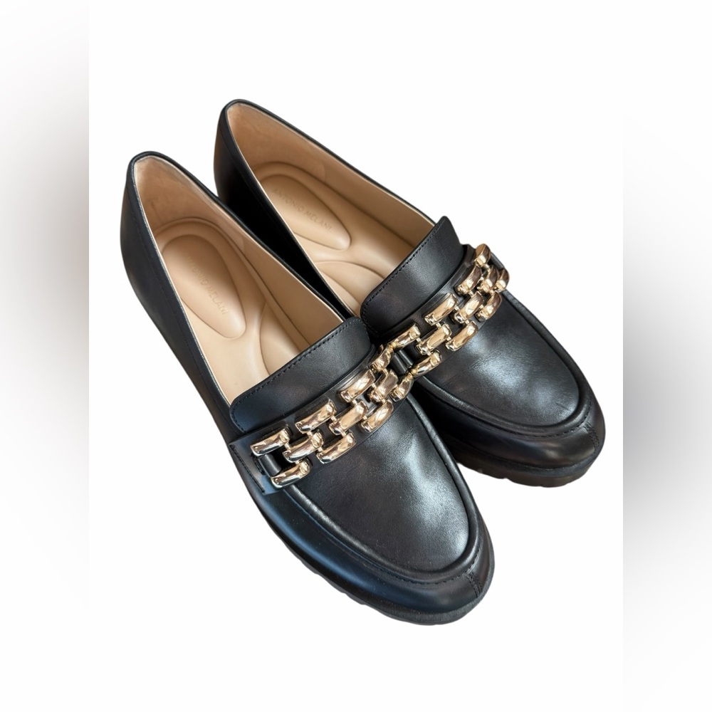 Antonio Melani Brookelyn Loafer Black Leather Chain-Trim Women's Loafers EUC 9